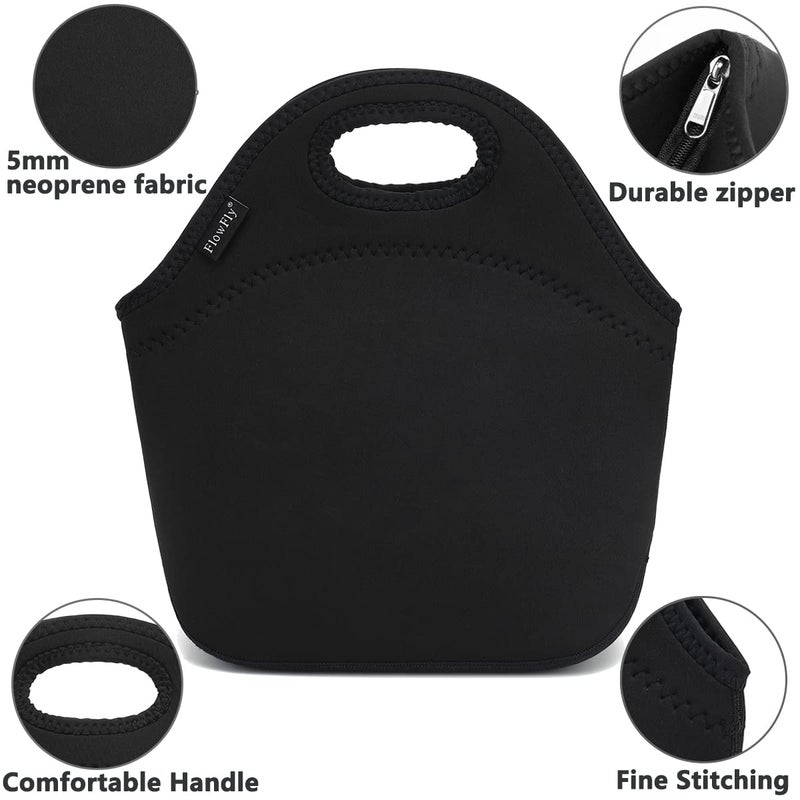 FlowFly Neoprene kids Lunch box Insulated Soft Bag Mini Cooler Thermal Meal Tote Kit for Boys, Girls,Men,Women,School,Work, Office,Black - Image 2